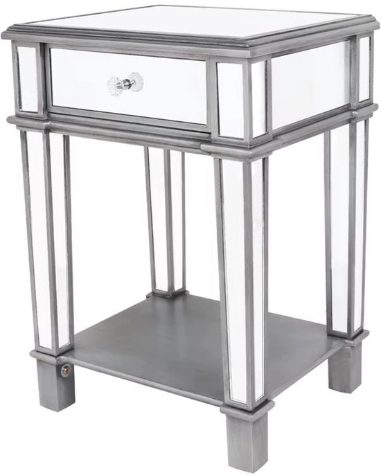 Comodino - Specchio - Argento - Comodino Lussuoso a Specchio con Luce e Scomparto Apribile - Stile Veneziano per Camera da Letto e Salotto