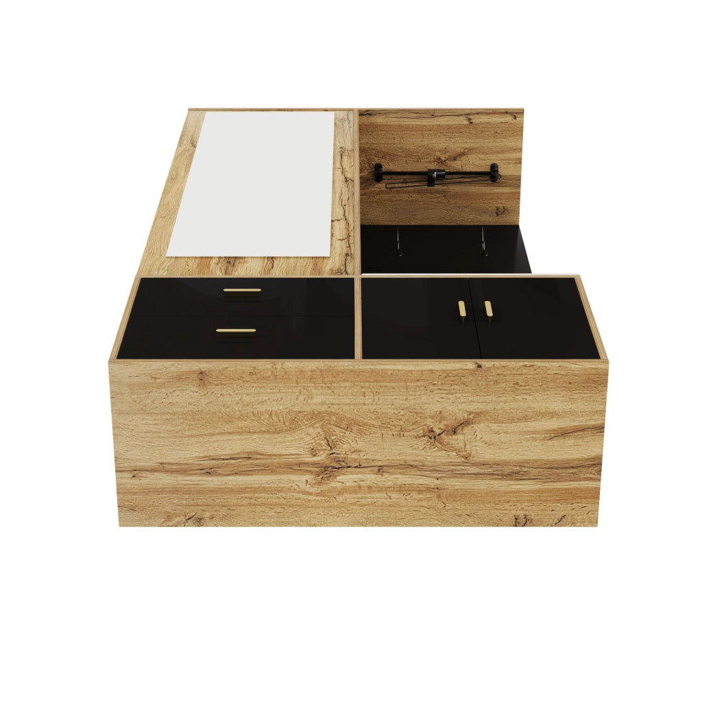 Mobile Ingresso con Specchio; Panca Scarpiera; 2 Ganci; Appendiabiti Estraibile; Lucido; Nero e Naturale; 100??38??180 cm