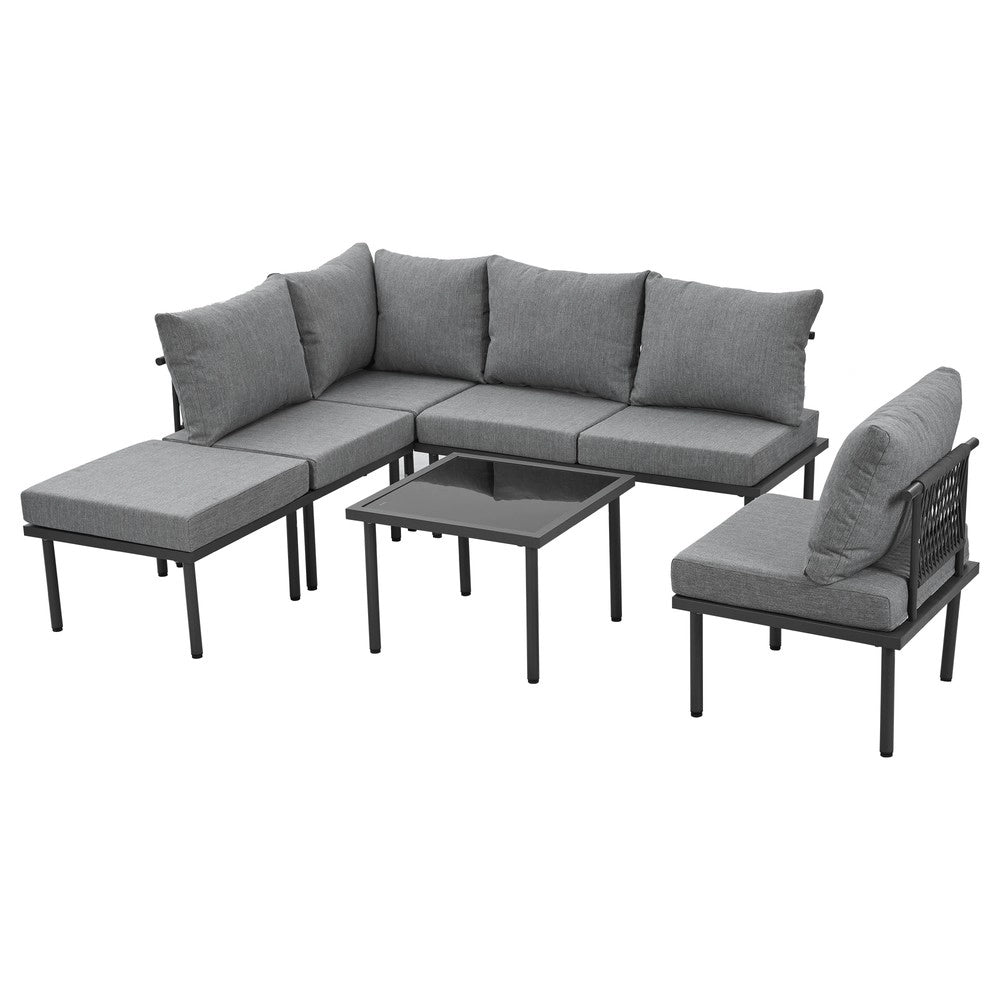 Set Lounge da Giardino 6 Pezzi con Cuscini ¨C Xylo ¨C Grigio, Corda, Vetro
