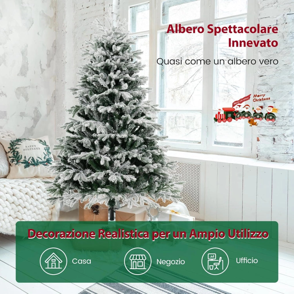 Albero di Natale Innevato 135/180/215 cm, Albero di Natale Pre-Illuminato con 200/350/450 Luci LED Bianche Calde, 688/1022/1328 Punte di Rami PE PVC, per Casa, Negozio e Ufficio (180 CM)