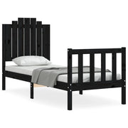 Letto singolo | Letto per adulti | Giroletto con Testiera Nero Small Single in Legno Massello