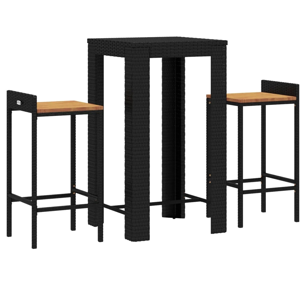 Set Bar Giardino 3 pz Nero Polyrattan e Legno Massello Acaciacod mxl 124626