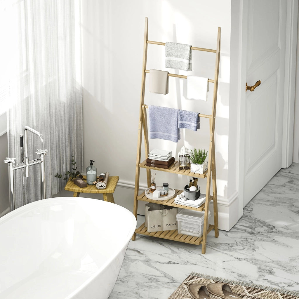 Scaffale Bagno 3 Ripiani Autoportante e Pieghevole con Porta Asciugamani 53,5x30x153 cm in Legno di Bambù