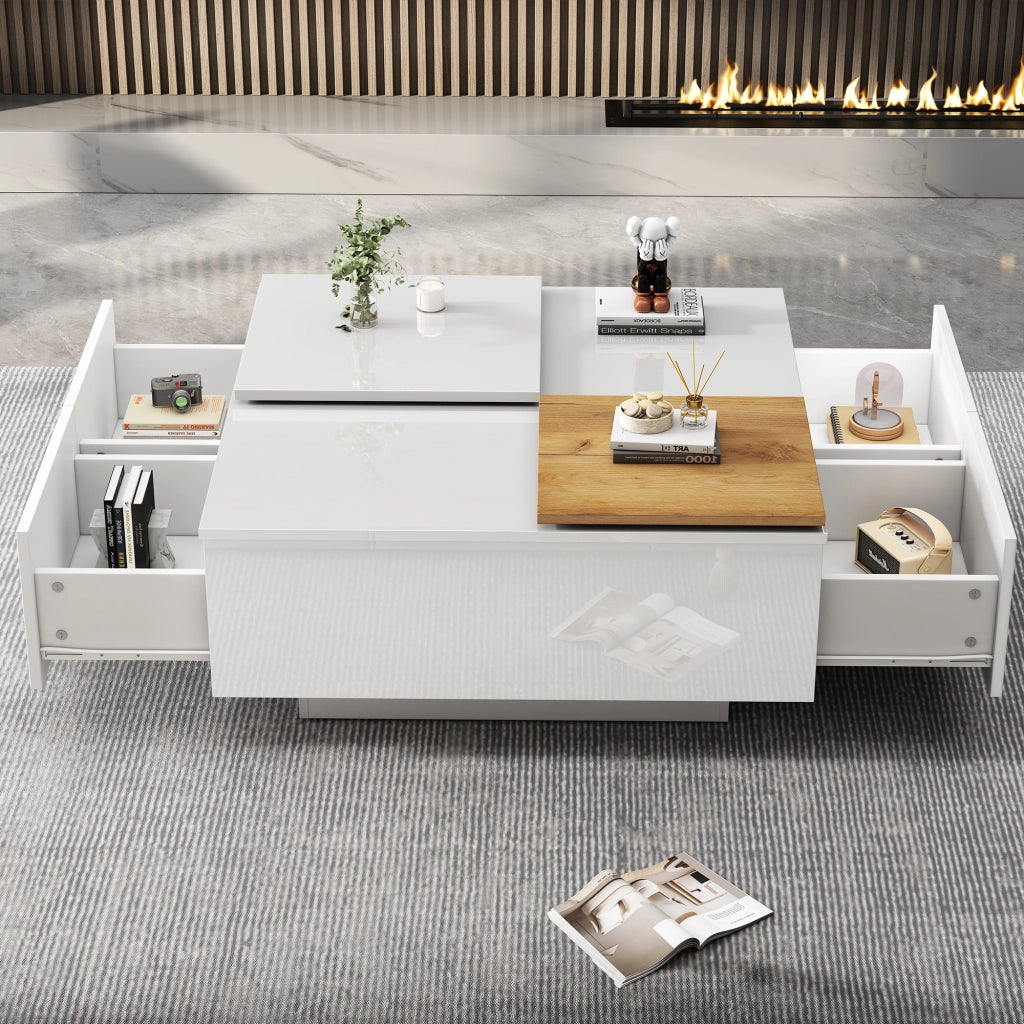 Tavolino basso quadrato con 4 cassetti, finitura lucida, per soggiorno, in truciolare bianco, 75 × 75 × 33,5 cm