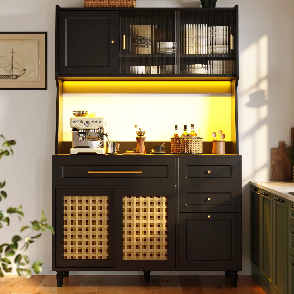 Credenza Alta da Cucina con 3 Cassetti; Ripiani Regolabili e LED; in MDF; Nero; 120x45x195;5 cm