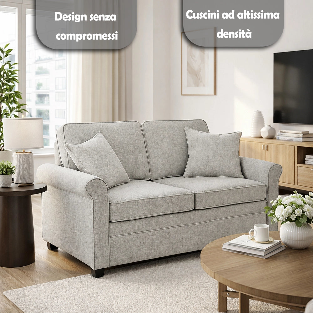 Divano Letto a 2 Posti Grigio con Cuscino Memory Ergonomico con Apertura Facile
