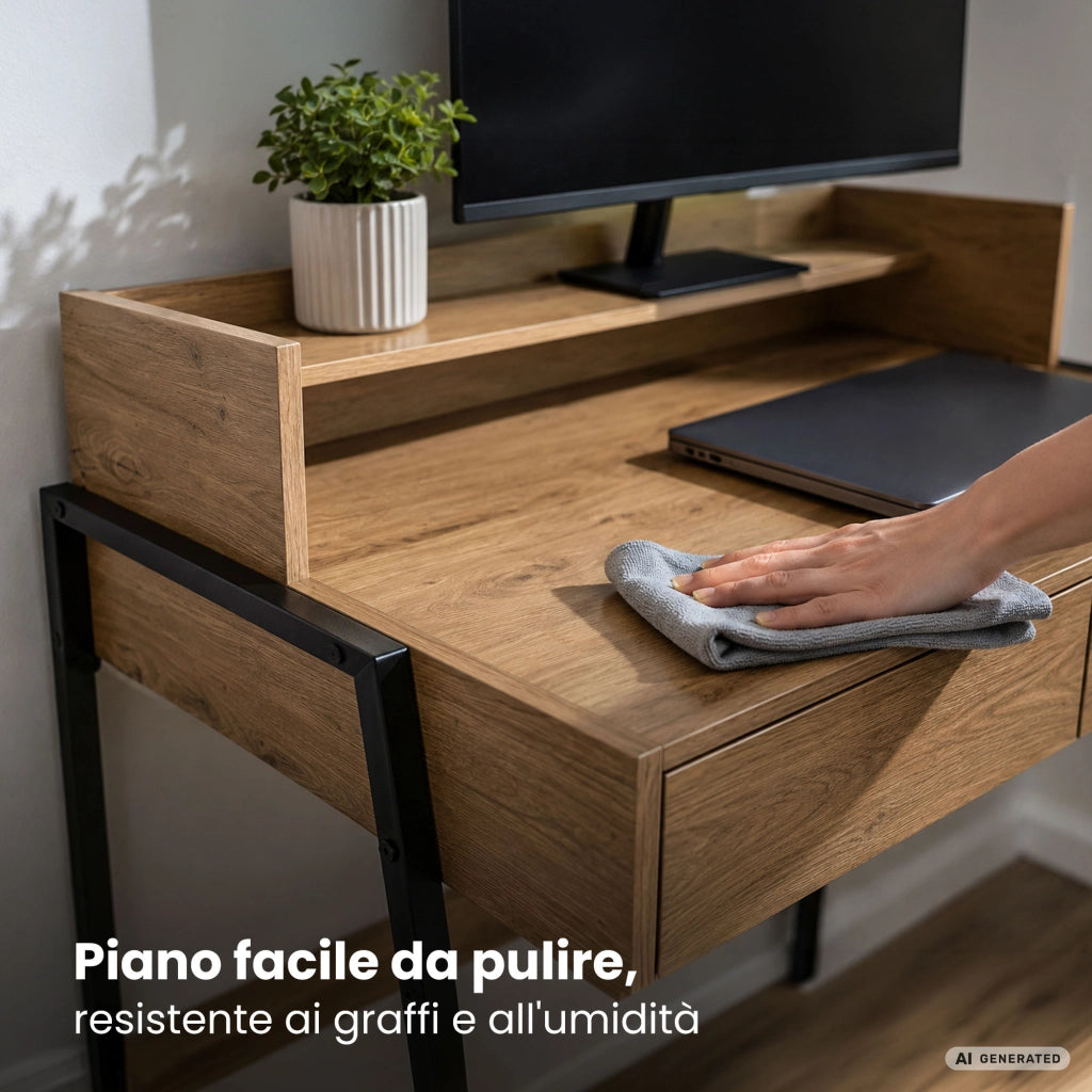 Scrivania industriale per computer Rovere Artisan FLUX 78 cm 2 cassetti 1 ripiano gambe nere