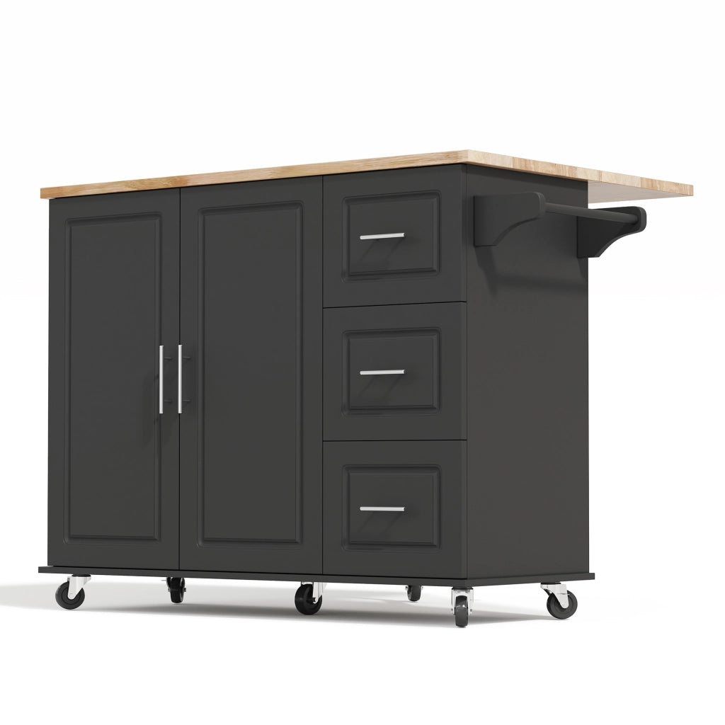 Isola da cucina mobile pieghevole con piano in effetto rovere, 3 cassetti, armadio a 2 ante e porta asciugamani, nero