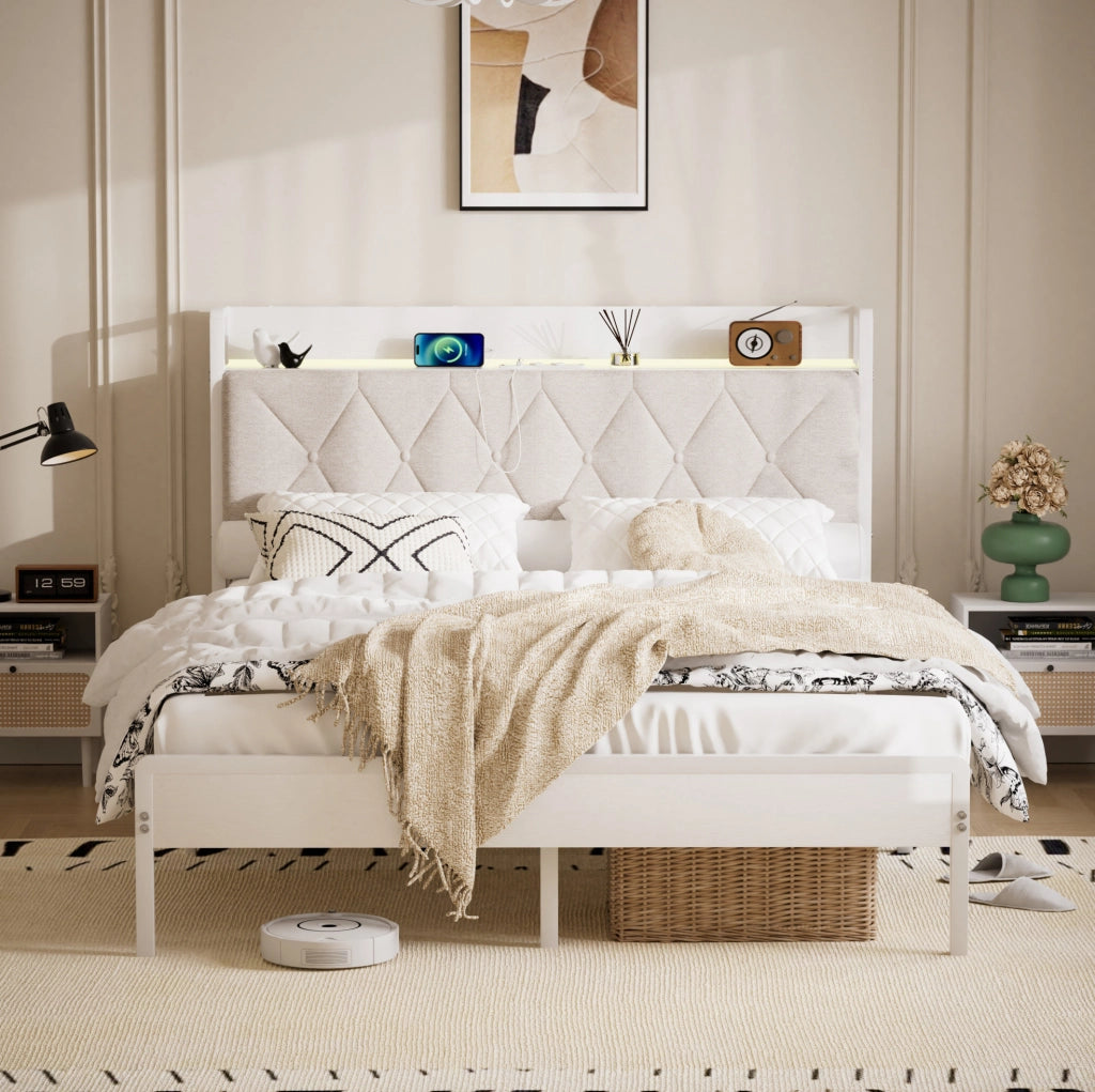 Letto matrimoniale imbottito 140x190 cm con LED, USB e spazio sottostante