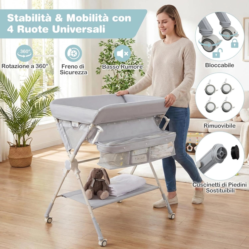 Fasciatoio Pieghevole per Bambini, Fasciatoio Portatile con Ruote, Altezza Regolabile, Piattaforma Rimovibile, con Barra Giocattoli, Stendino, Misuratore, Cestini, Portata 25 kg