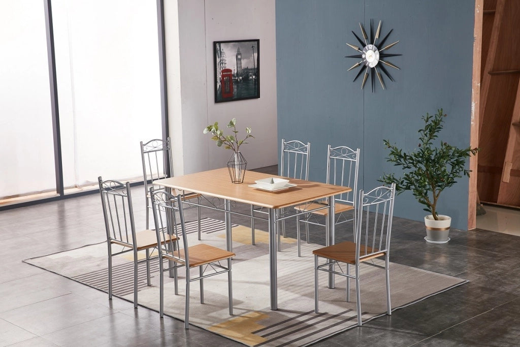 SET TAVOLO CON 6 SEDIE EFFETTO LEGNO CHIARO 140X80 Cm