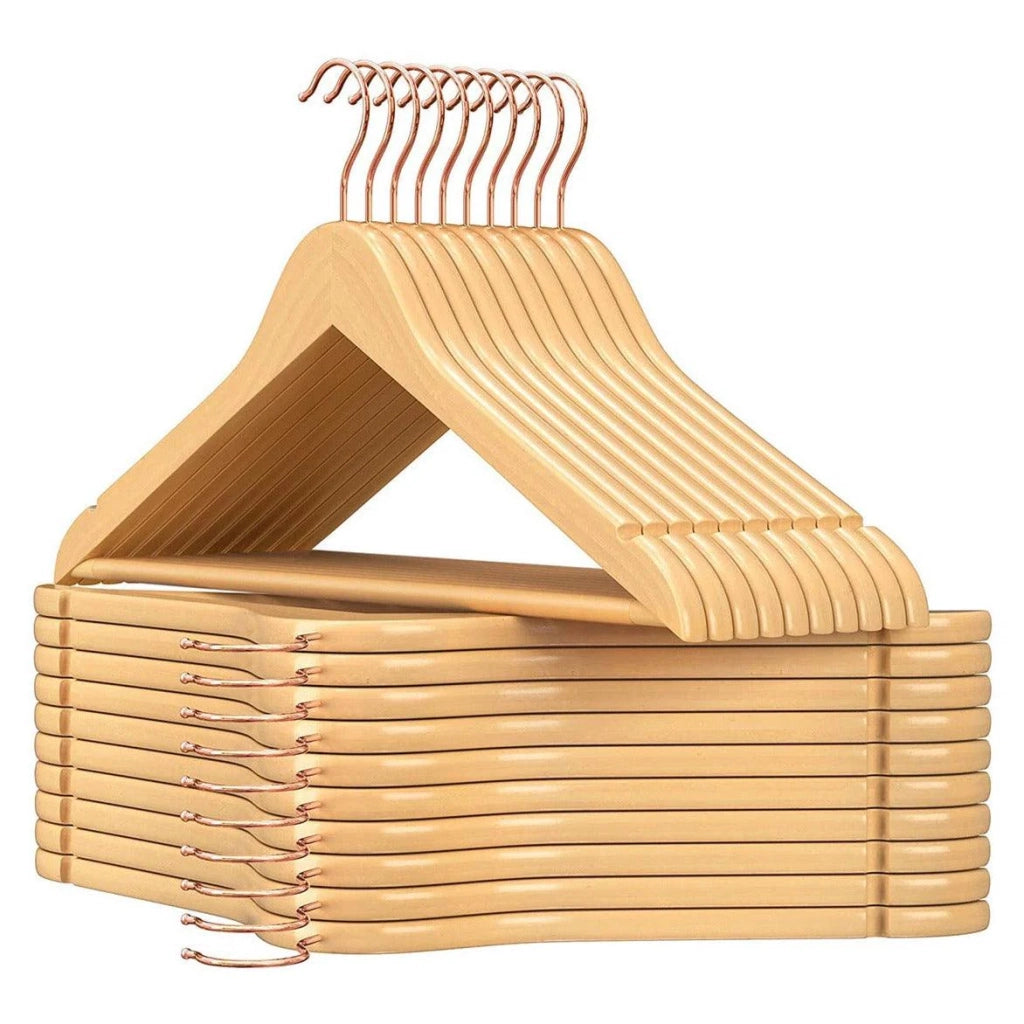 Confezione da 20 grucce in legno per abiti con tacche gancio girevole a 360° in oro rosa per giacche camicie pantaloni colore legno 12_0003053