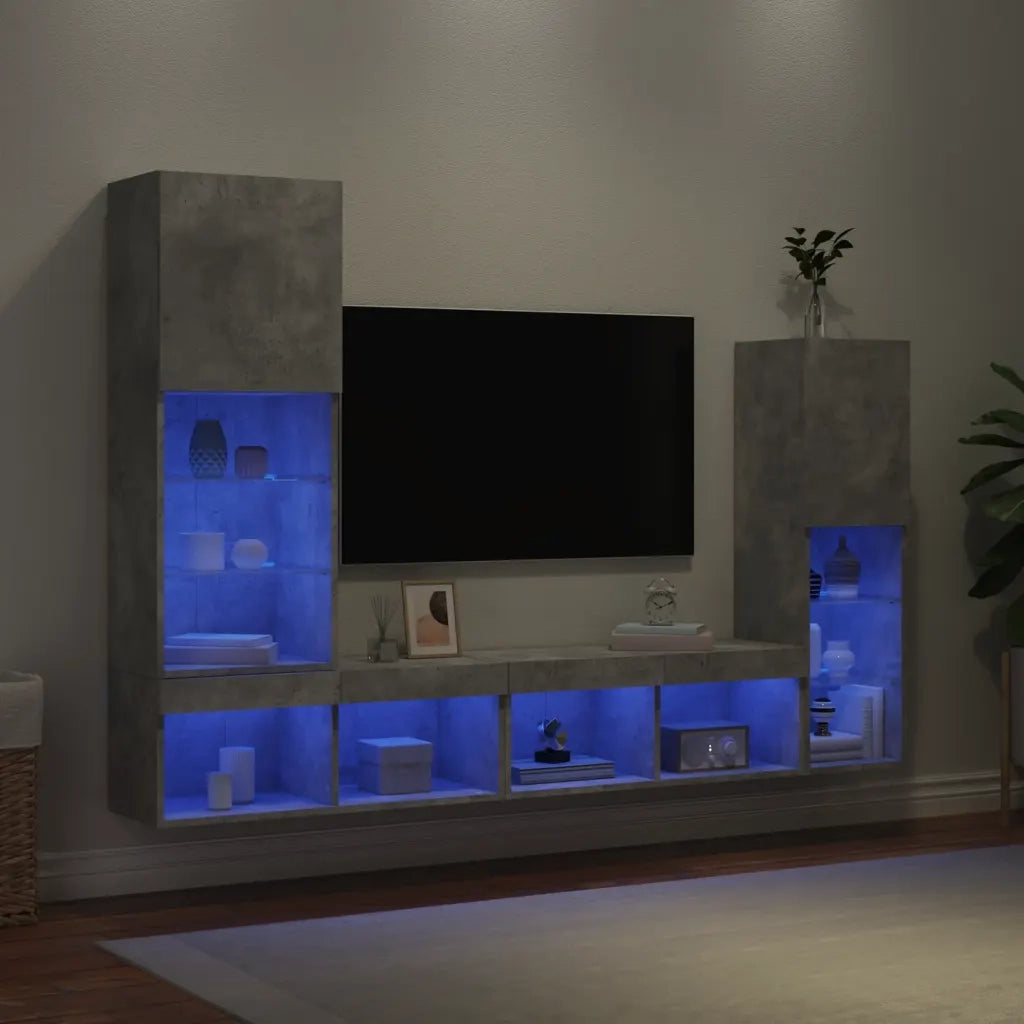 Mobili TV a Muro con LED 4pz Grigio Cemento Legno Multistrato 3216657