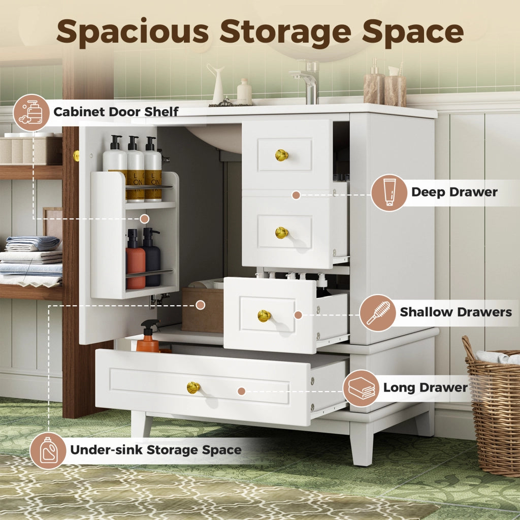 Mobile sottolavabo ¨C Minimal ¨C bianco legno con 3 cassetti e ripiani, 61cm