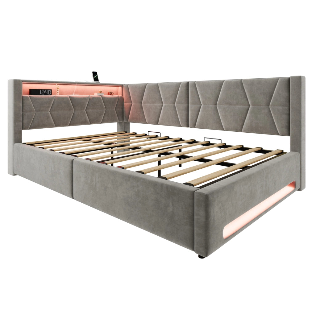 Letto imbottito con contenitore 210x148.5x83 cm con LED; USB e Type-C in velluto e metallo