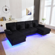 OKWISH Divano Panoramico a U, Porta USB e Illuminazione LED, Schienale Ergonomico, Cuscini Imbottiti, Velluto Nero