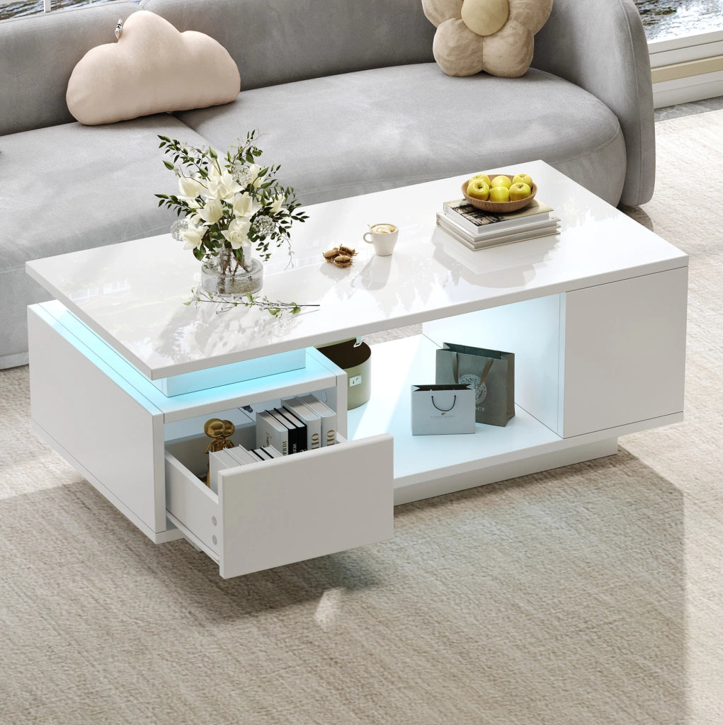 Tavolino da caffè 100x50x36 cm con cassetto; LED e finitura lucida; bianco