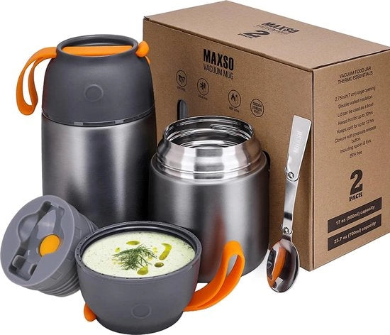 Contenitore termico per cibo, 500 ml e 700 ml, acciaio inossidabile, contenitore termico pieghevole con cucchiaio, piatti, alimenti per neonati, zuppe, pappes, yogurt, contenitore termico per alimenti da viaggio, 2 contenitori di isolamento
