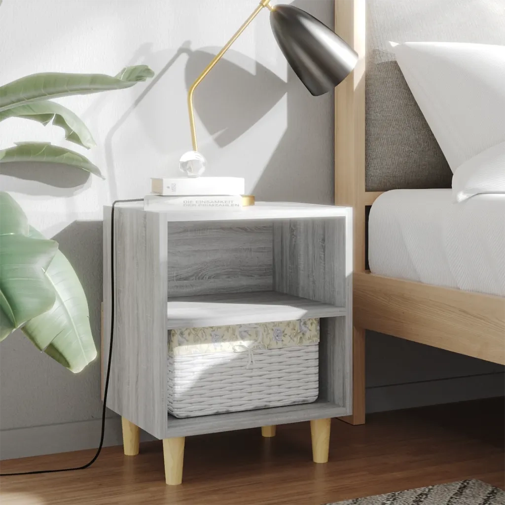Comodino con Gambe in Legno Massello Grigio Sonoma 40x30x50 cm 813100