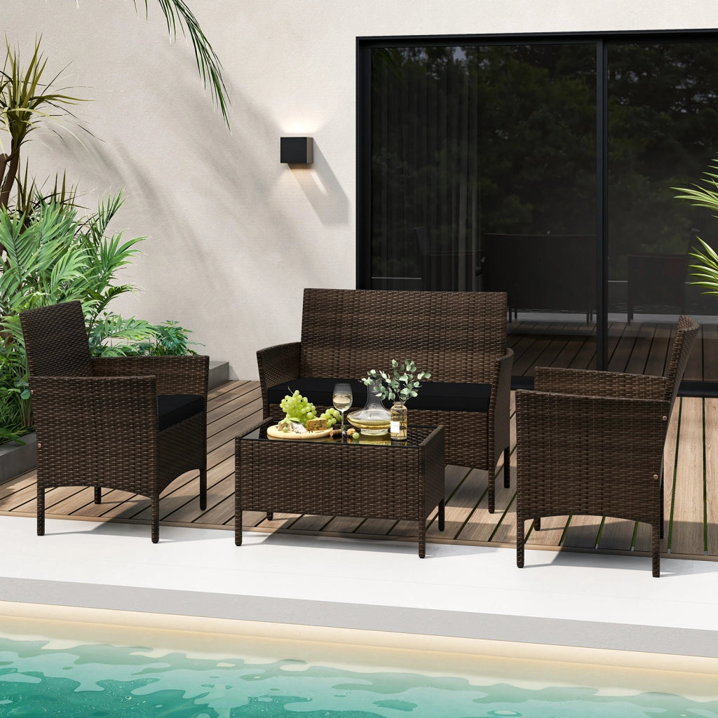 Set da conversazione in rattan per patio 4 pezzi con cuscini morbidi, Mobili da esterno modulari per giardino e veranda Nero