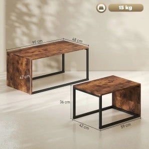 Set di 2 Tavolini da Salotto con Piano in MDF e Gambe in Metallo Nero e Marrone, Dimensioni Varie