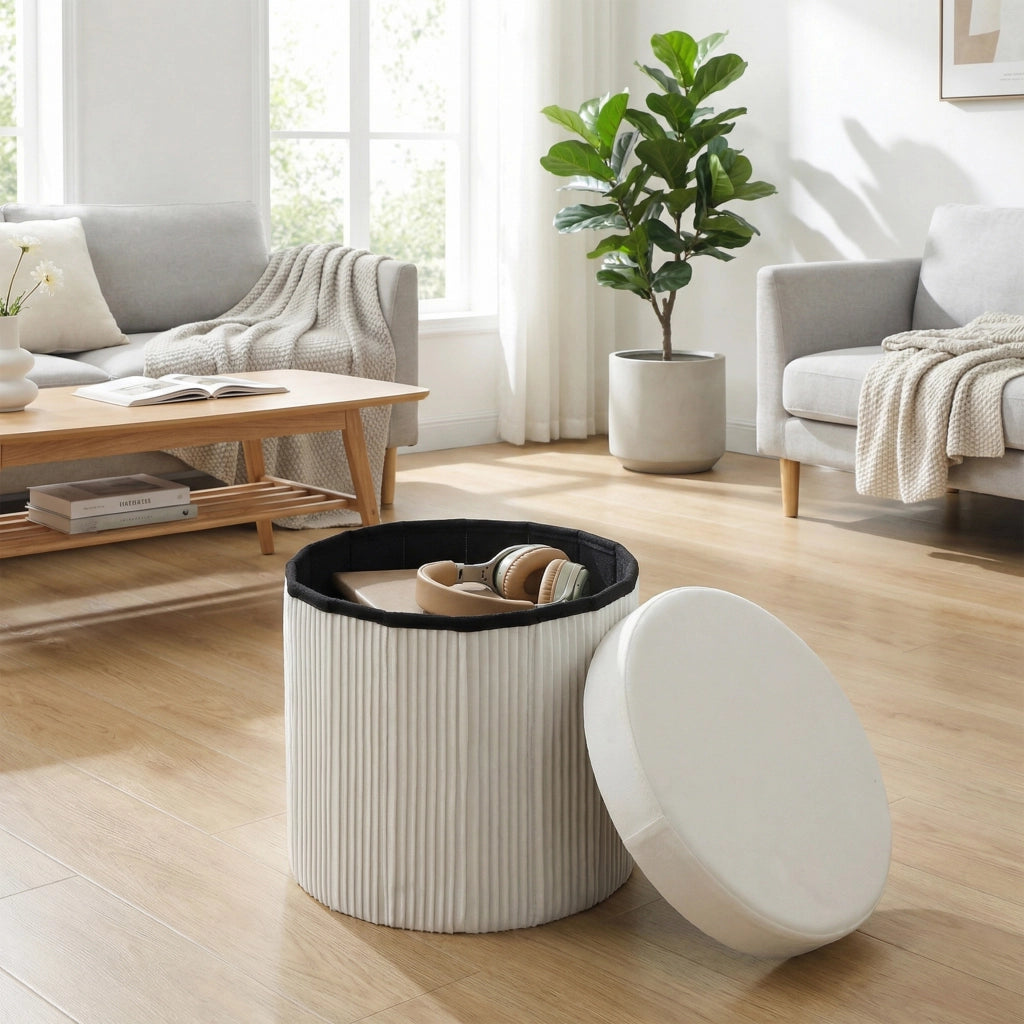 Pouf contenitore pieghevole rotondo ¨C zephmum ¨C velluto crema 38x38x38 cm