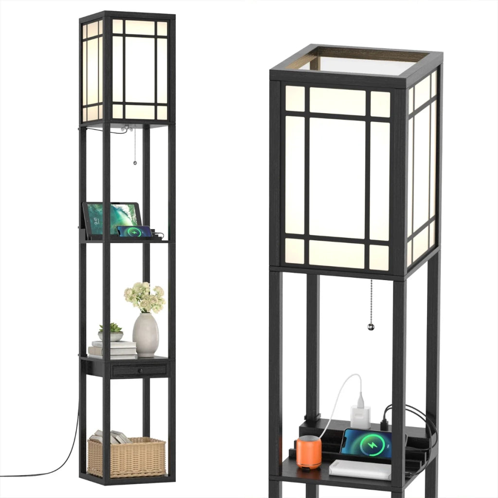 Lampada da terra con 3 ripiani e cassetto 26 x 26 x 160,5 cm ricarica USB spazio di archiviazione ottimale design moderno in MDF nero 20_0020465