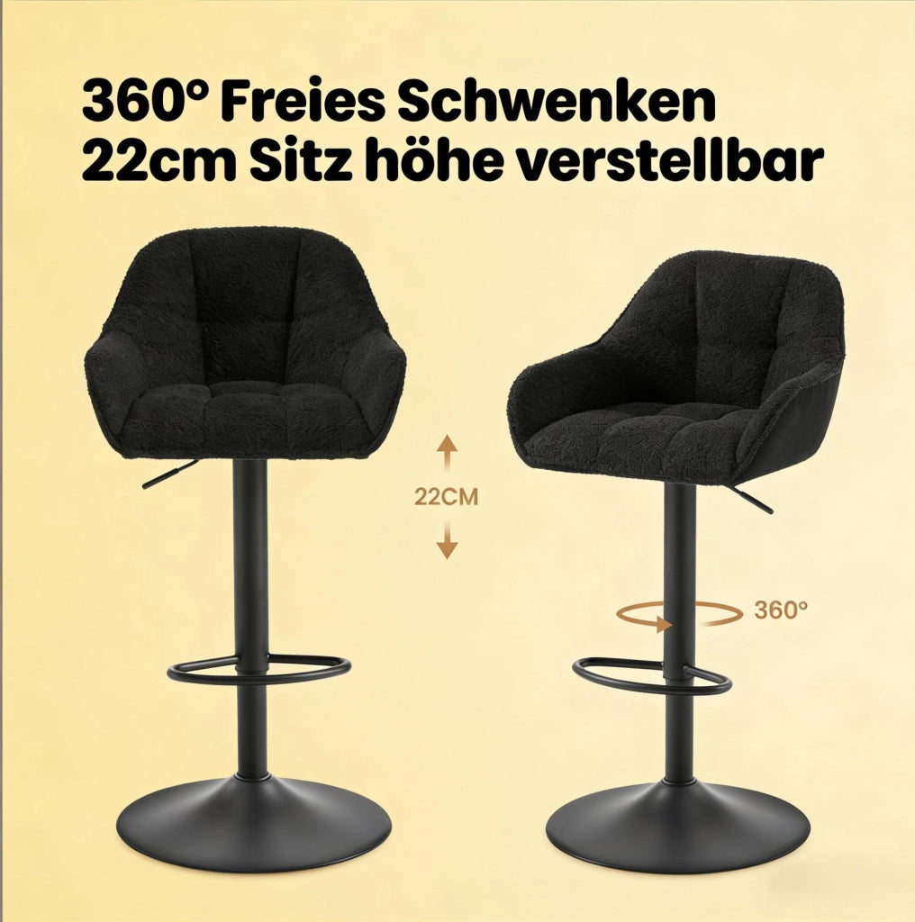 Set di 2 Sgabelli da Bar Girevoli in Chenille e Velluto, Altezza Regolabile, Nero