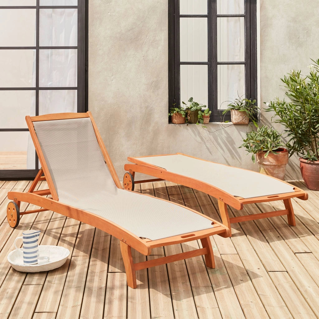 Set 2 lettini prendisole in legno multiposizione con ruote, grigio