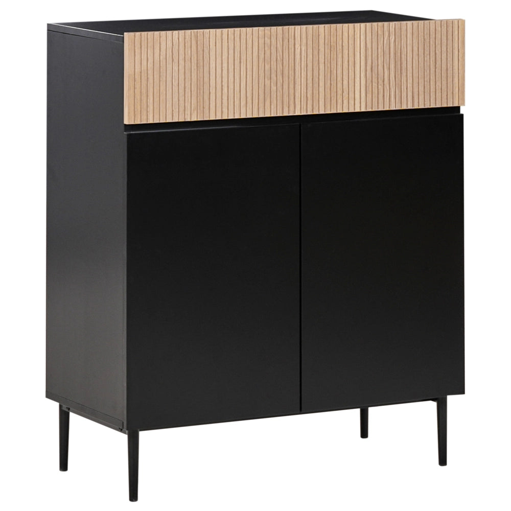 Credenza a 3 ante in MDF nero e legno di frassino naturale, con frontale a coste, 2 ripiani e un cassetto Soggiorno moderno