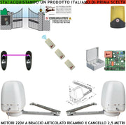 Apricancello 2 Motori Braccio Snodato Articolato 220 V Cancello Automatico 5 MT 2 Ante da 0,5 Fino a 2,5 Metri Centrale CBR 3 Radiocomandi Fotocellule Selettore
