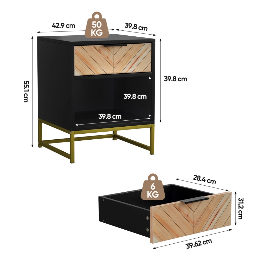 Comodino moderno in MDF nero e naturale con cassetto