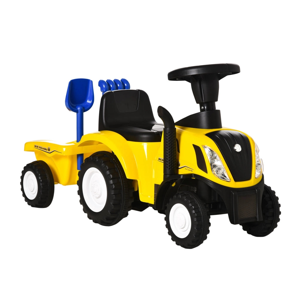 EasyComfort Trattore Giocattolo per Bambini Cavalcabile con Rimorchio, Rastrello e Pala, Gioco Educativo per Bimbi 12-36 Mesi, 91x29x44cm, Giallo