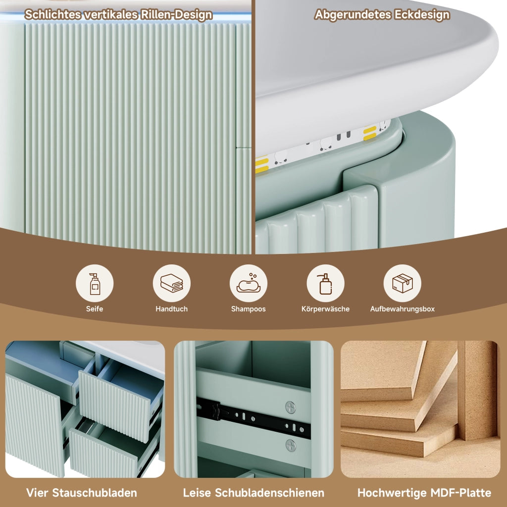 Mobile sottolavabo con LED, lavabo in ceramica e 4 cassetti, per bagno, in MDF e ceramica, verde, 80,5 × 47,5 × 51 cm