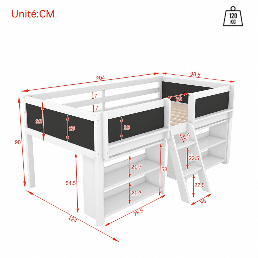 DESMIU Letto Bambino Semialto 1 Posto con Ripiani, Sponde e Scala 90 × 200 cm, senza materasso, Bianco