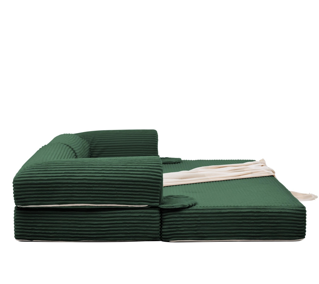 Divano letto convertibile 2 posti in tessuto corduroy con seduta imbottita e braccioli, design salvaspazio verde