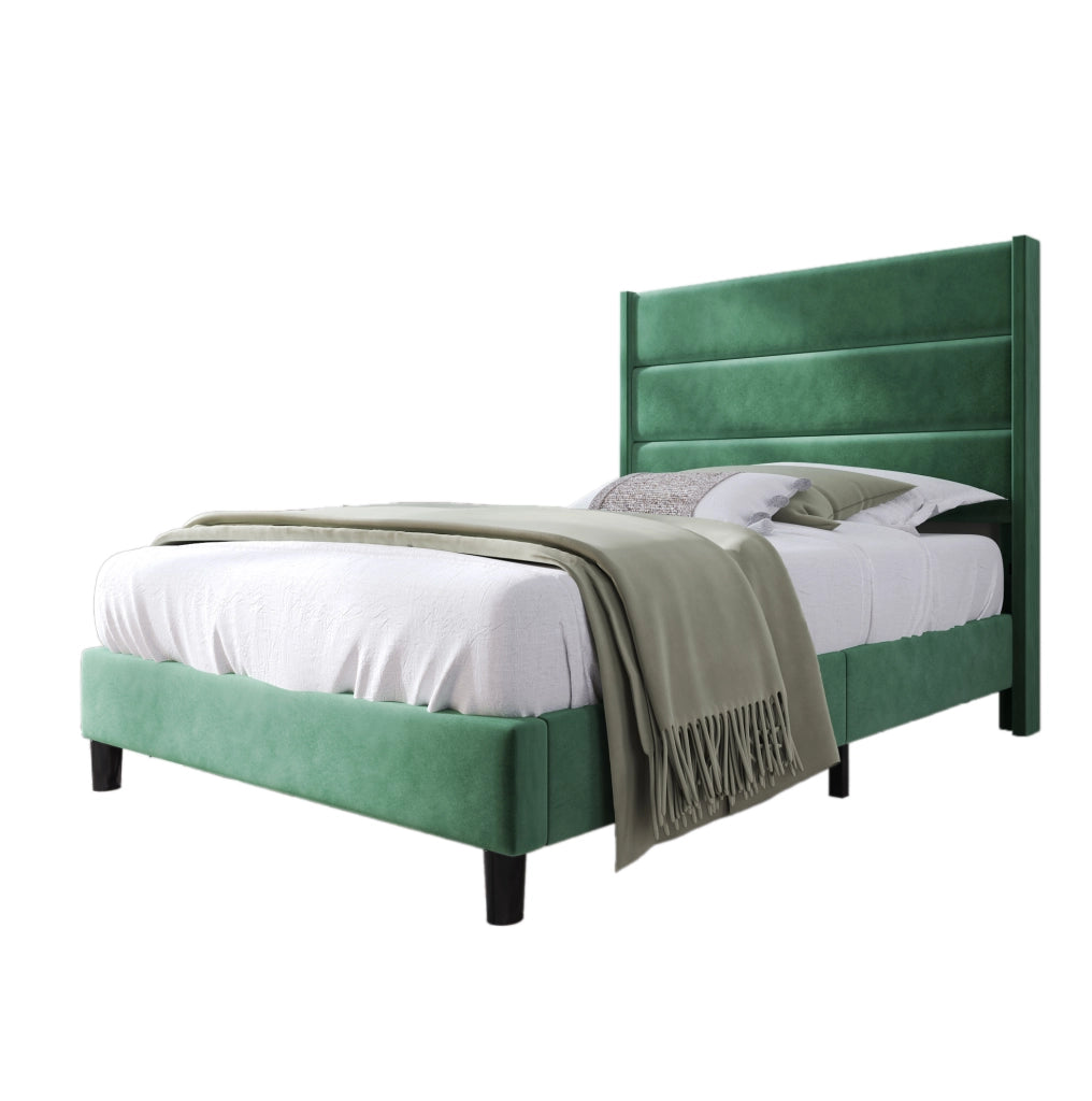 Letto singolo imbottito 90 x 200 cm in velluto verde scuro con rete e testiera confortevole