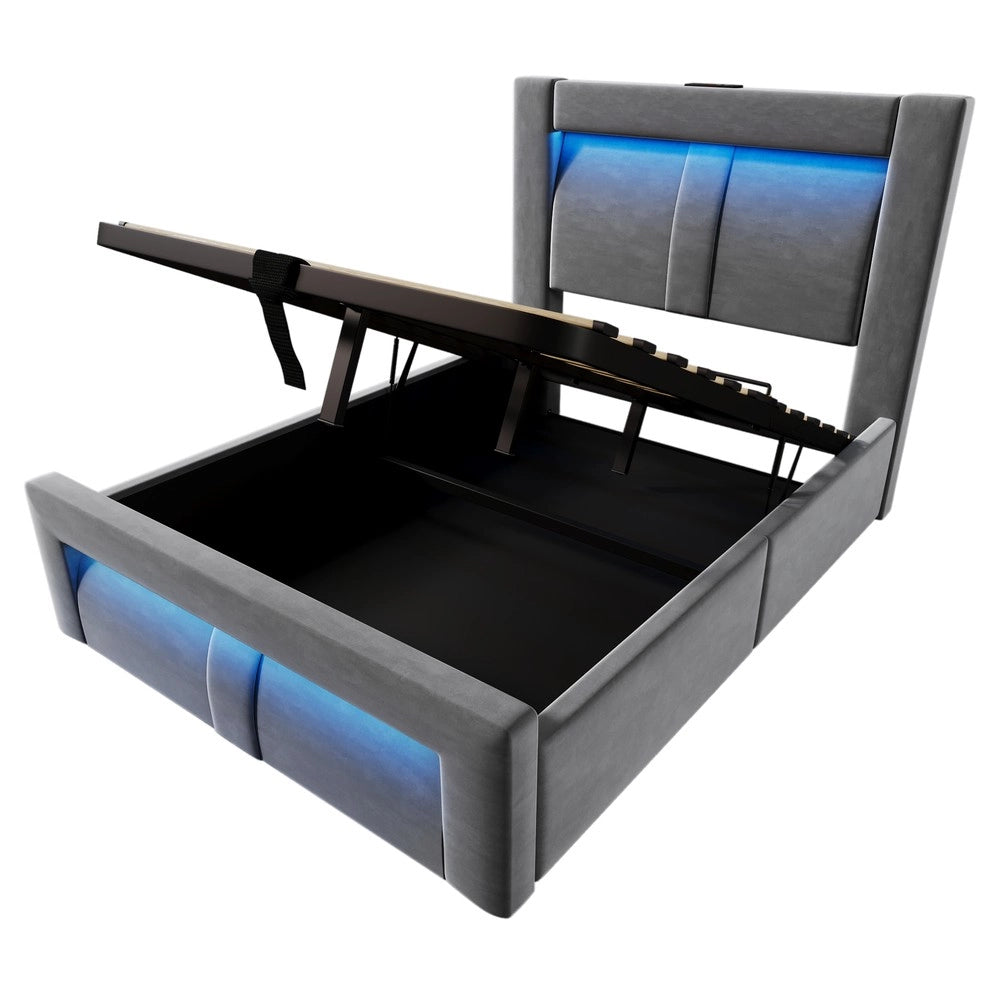 Letto Singolo Contenitore 90x200 ¨C MINIMAL ¨C Grigio Velluto, LED, USB, Testiera Curva, Idraulico