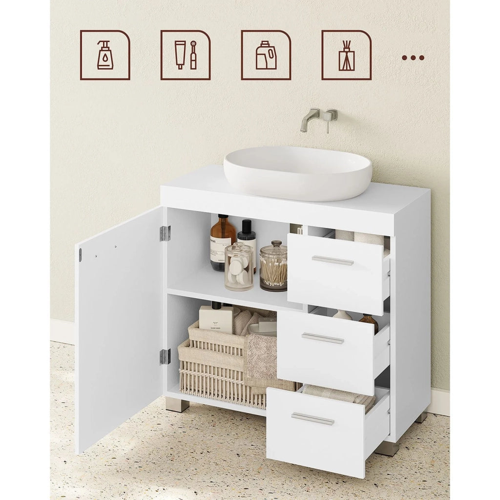 Mobile lavabo da bagno con 3 cassetti grandi e 2 scomparti dietro un'anta credenza indipendente 30 x 70 x 64 cm bianco 12_0006531
