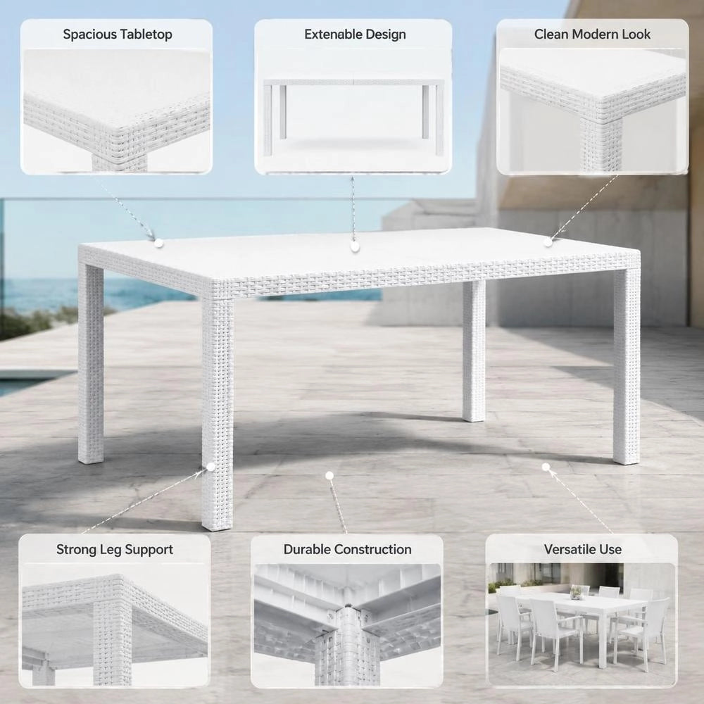 Garden Table, White, 150x90x72 Cm, Plastic, Rattan Look