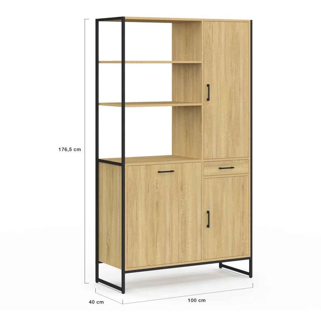 IDMarket - Credenza da cucina DETROIT con colonna portaoggetti 100 CM, 3 ante + cassetto, design industriale