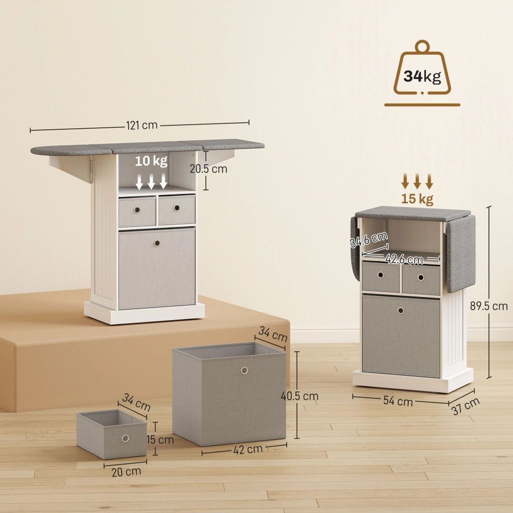 Mobile Asse da Stiro Pieghevole 121x37x89,5 cm a Rotelle con Ripiano Aperto e 3 Cassetti in MDF Bianco e Grigio