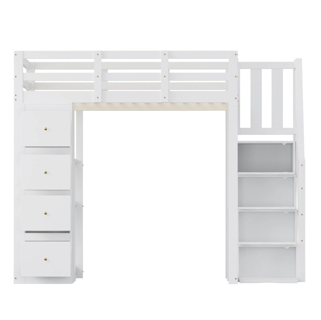 Letto a soppalco 140x200 cm in legno bianco con 4 cassetti; ripiani e scala laterale