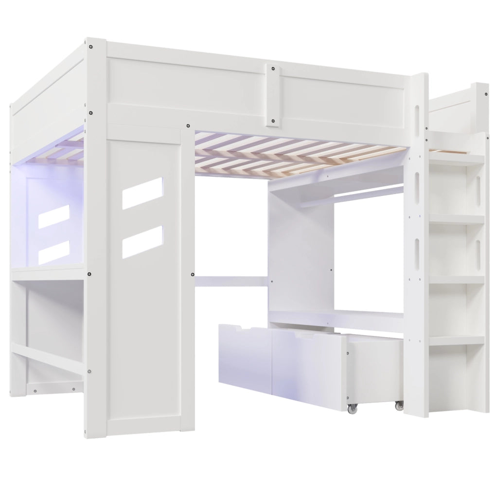 Letto a soppalco 140x200 cm con scrivania; LED; USB-C; cassetti e appendiabiti; bianco