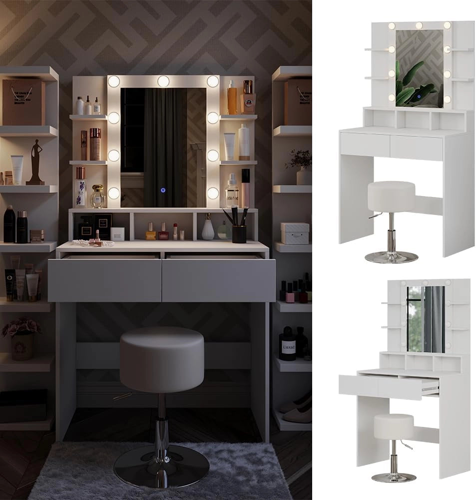 Tavolo da toeletta Taylor, Bianco, 80 cm con illuminazione LED e sgabello, con illuminazione LED e sgabello girevole regolabile in altezza