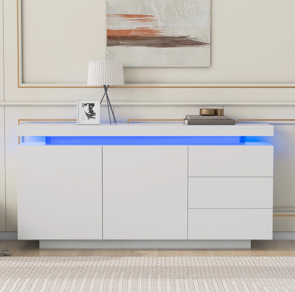 Credenza LED bianca lucida con 2 ante e 3 cassetti; truciolare