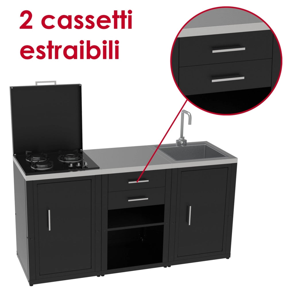 Set cucina da esterno a gas 3 elementi con lavello, rubinetto e tagliere con 2 cassetti estraibili - struttura in acciaio e piano in acciaio inox - Nero