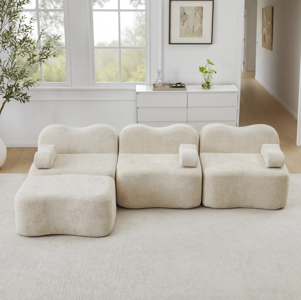 Divano angolare modulare 3 posti con pouf 288x167x70 cm in velluto beige