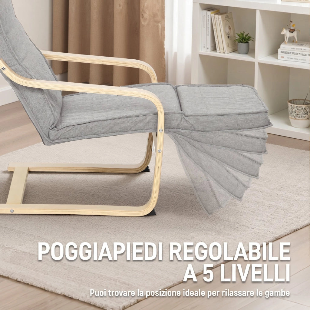 Poltrona da Soggiorno 66,5x94x100 cm con Poggiapiedi Regolabile in Legno di Betulla e Tessuto Effetto Lino Grigio Chiaro