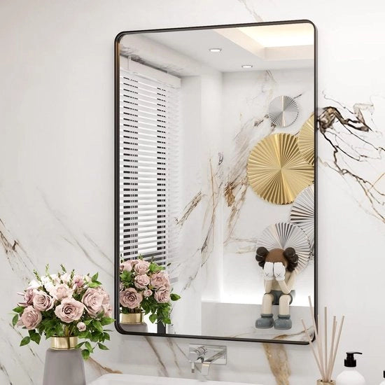 Specchio per bagno ingrandito - 61 x 71 cm - Rettangolo con angoli arrotondati - Nero lucido - Antiruggine - Vetro resistente - Posizionamento orizzontale o verticale